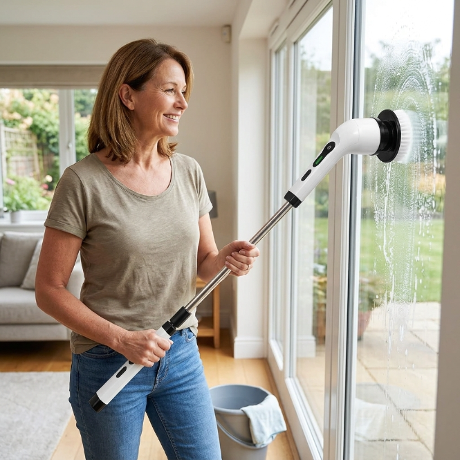 Mujer limpiando un ventanal con la mopa eléctrica giratoria con mango extensible