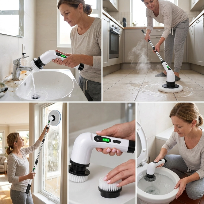 Distintos usos domésticos de la mopa eléctrica giratoria en cocina y baño