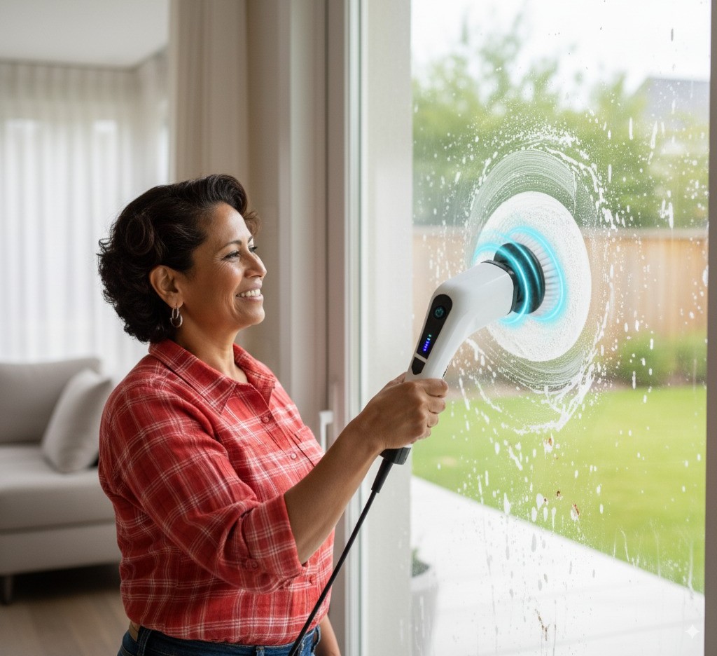 Mujer limpiando el cristal de una puerta corrediza con la mopa eléctrica giratoria